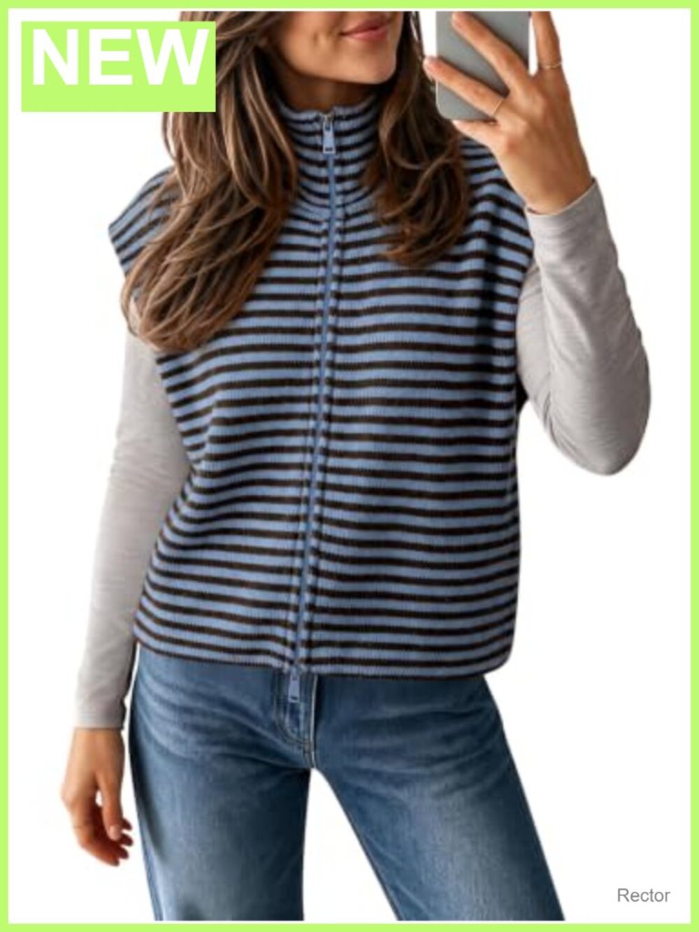 Women Striped Sweater Vest Two-Way Zip Up Knit Sleeveless Cardigan